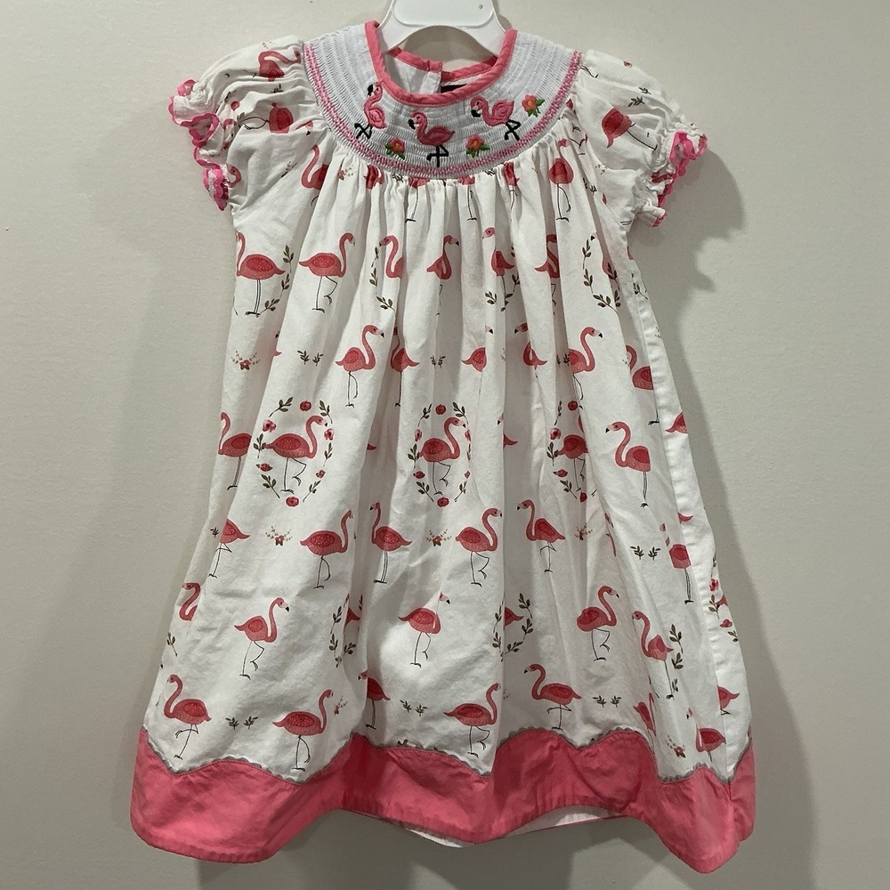 Lil Cactus Flamingo Print Smocked Bishop Dress Size 5 Years Pink‎ Coastal Beach